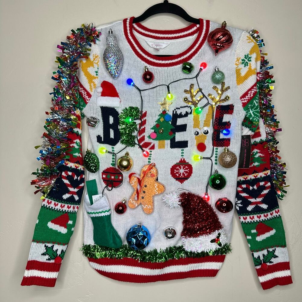 Ugly Christmas Sweater Believe LIGHTS UP Tacky Tinsel Xmas Party Winner Size XS